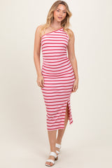 Pink Striped One Shoulder Side Slit Maternity Midi Dress