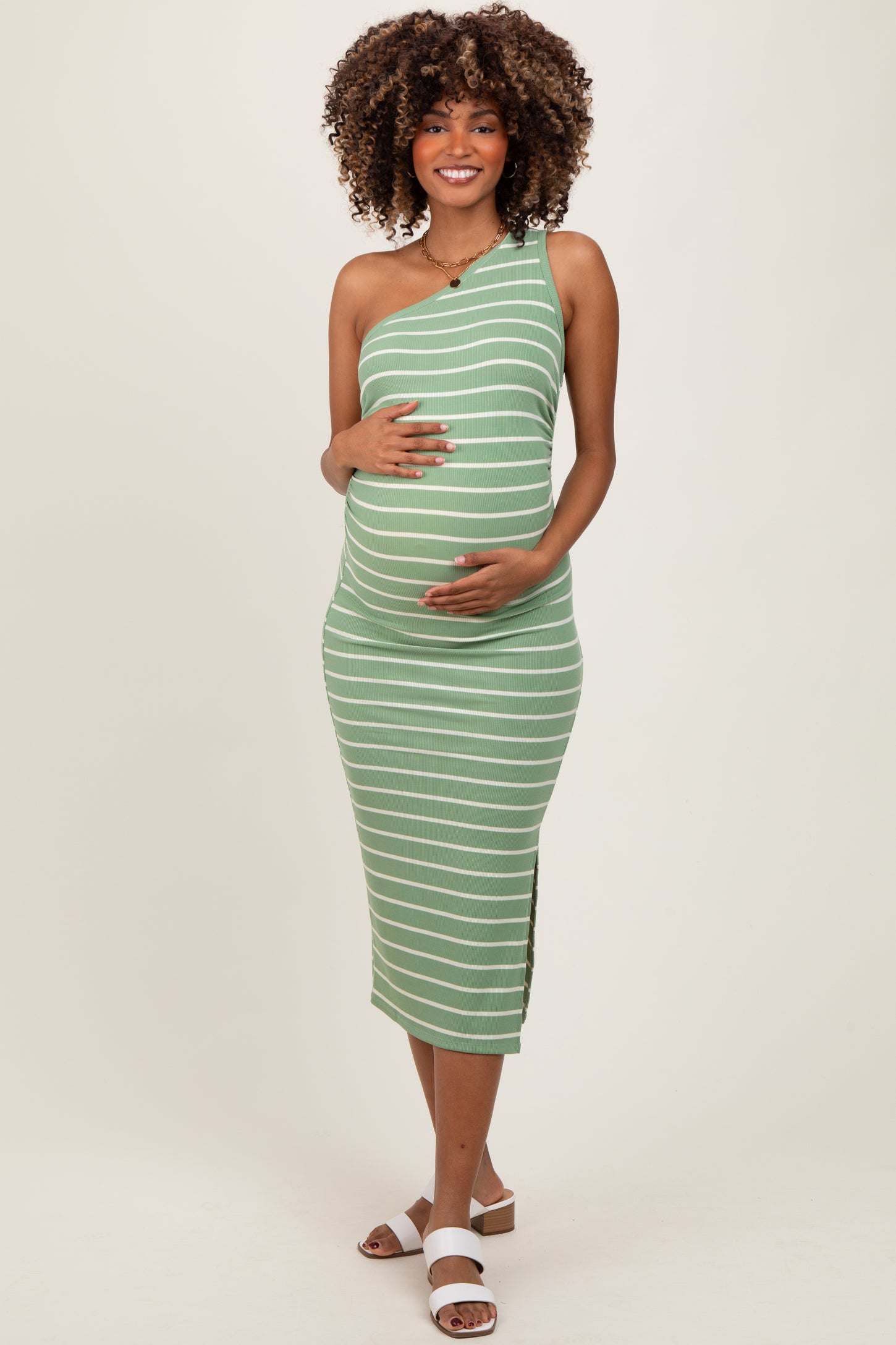 Light Olive Striped One Shoulder Side Slit Maternity Midi Dress