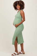 Light Olive Striped One Shoulder Side Slit Maternity Midi Dress