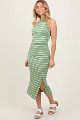 Light Olive Striped One Shoulder Side Slit Midi Dress
