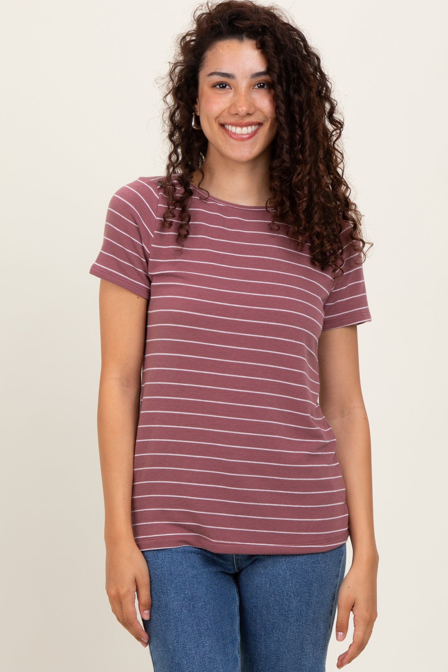 Rust Striped Button Shoulder Detail Top