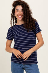Navy Striped Button Shoulder Detail Top