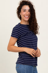 Navy Striped Button Shoulder Detail Top