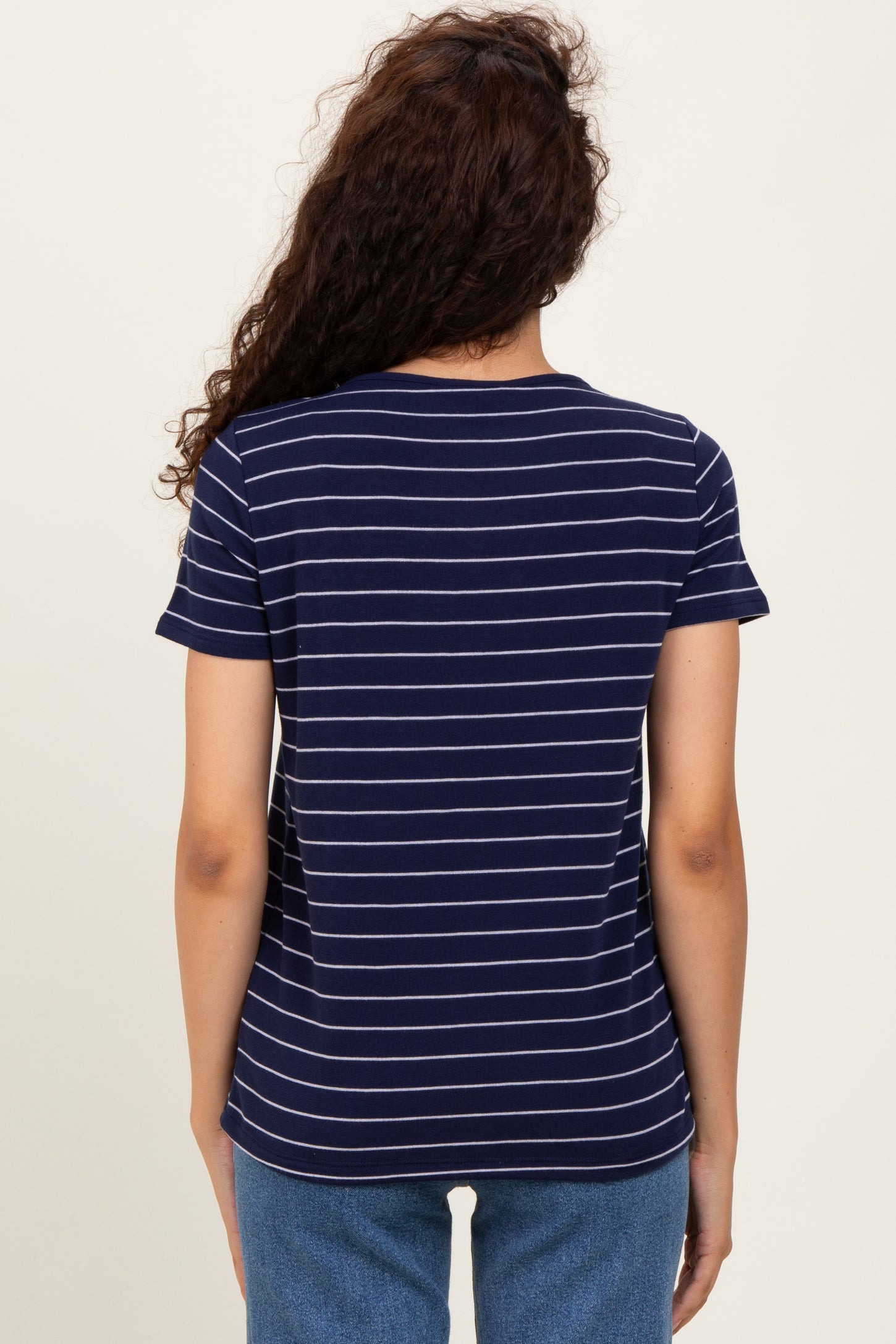 Navy Striped Button Shoulder Detail Top