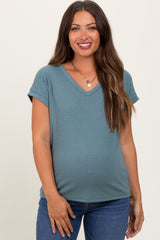 Blue V-Neck Pointelle Knit Maternity Top