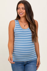 Blue Striped Ribbed Fitted Maternity Tank Top