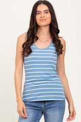 Blue Striped Ribbed Fitted Tank Top