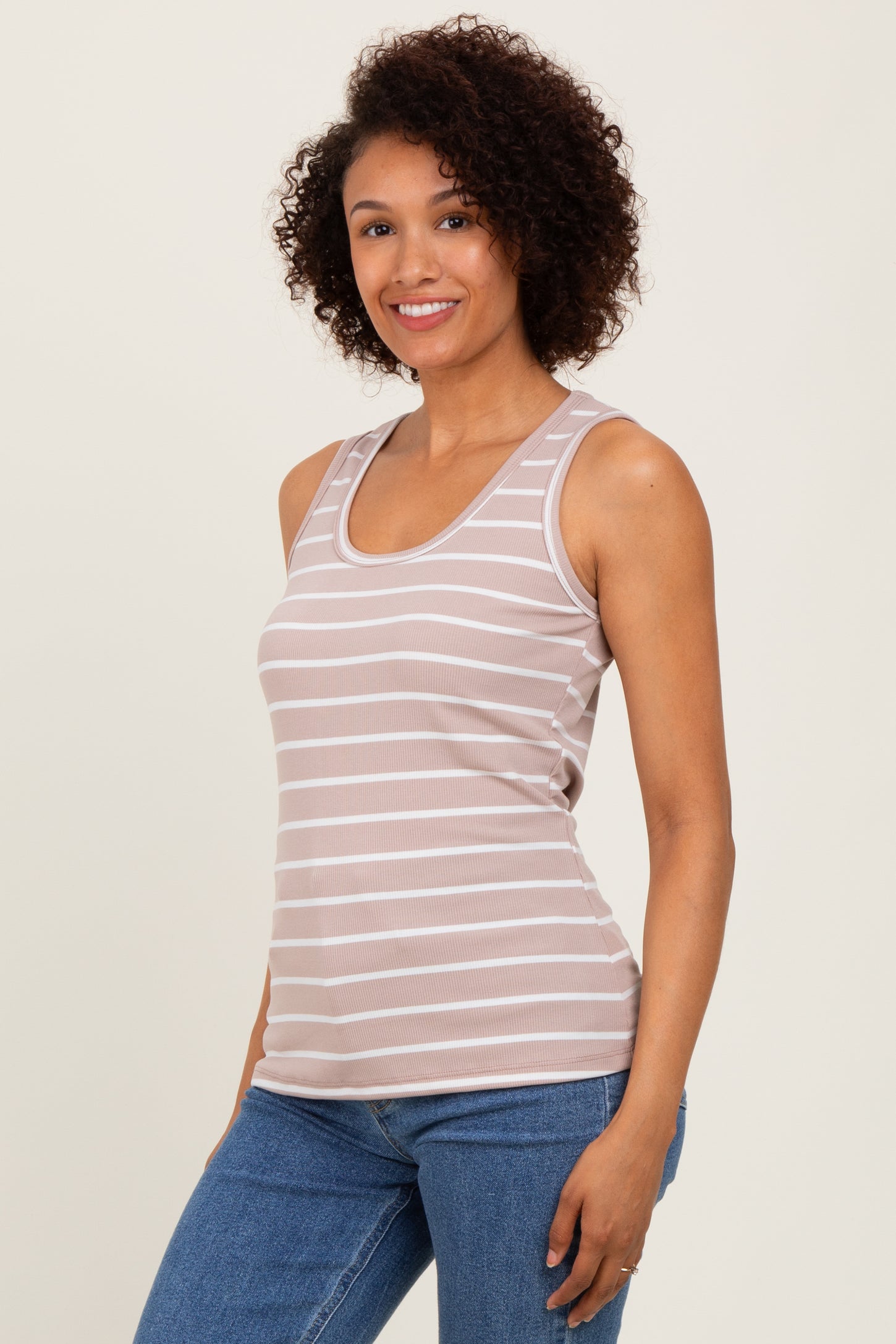 Light Taupe Striped Ribbed Fitted Tank Top