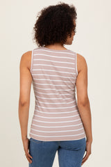Light Taupe Striped Ribbed Fitted Tank Top