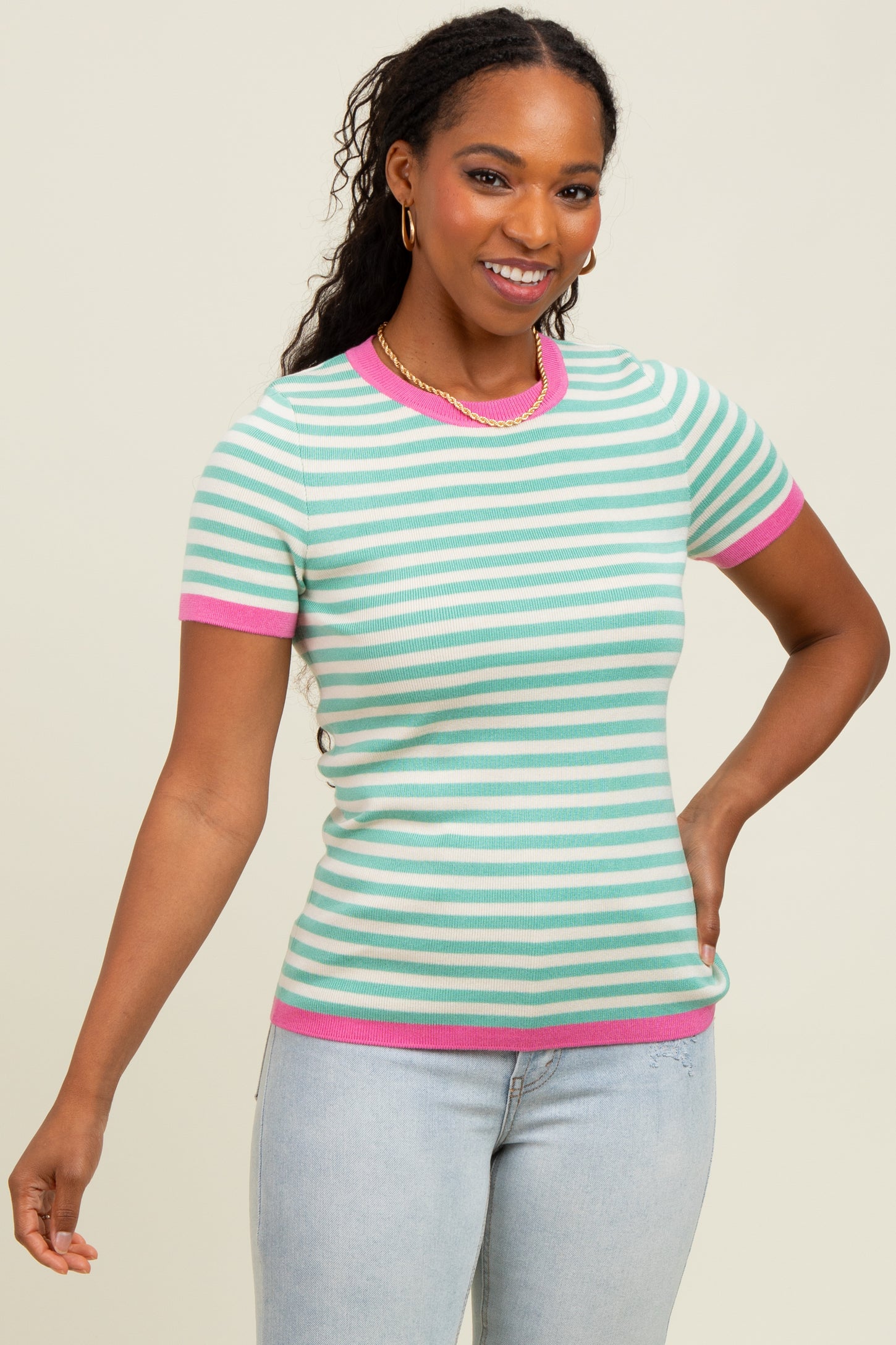 Mint Striped Knit Contrast Trim Top