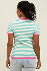 Mint Striped Knit Contrast Trim Top