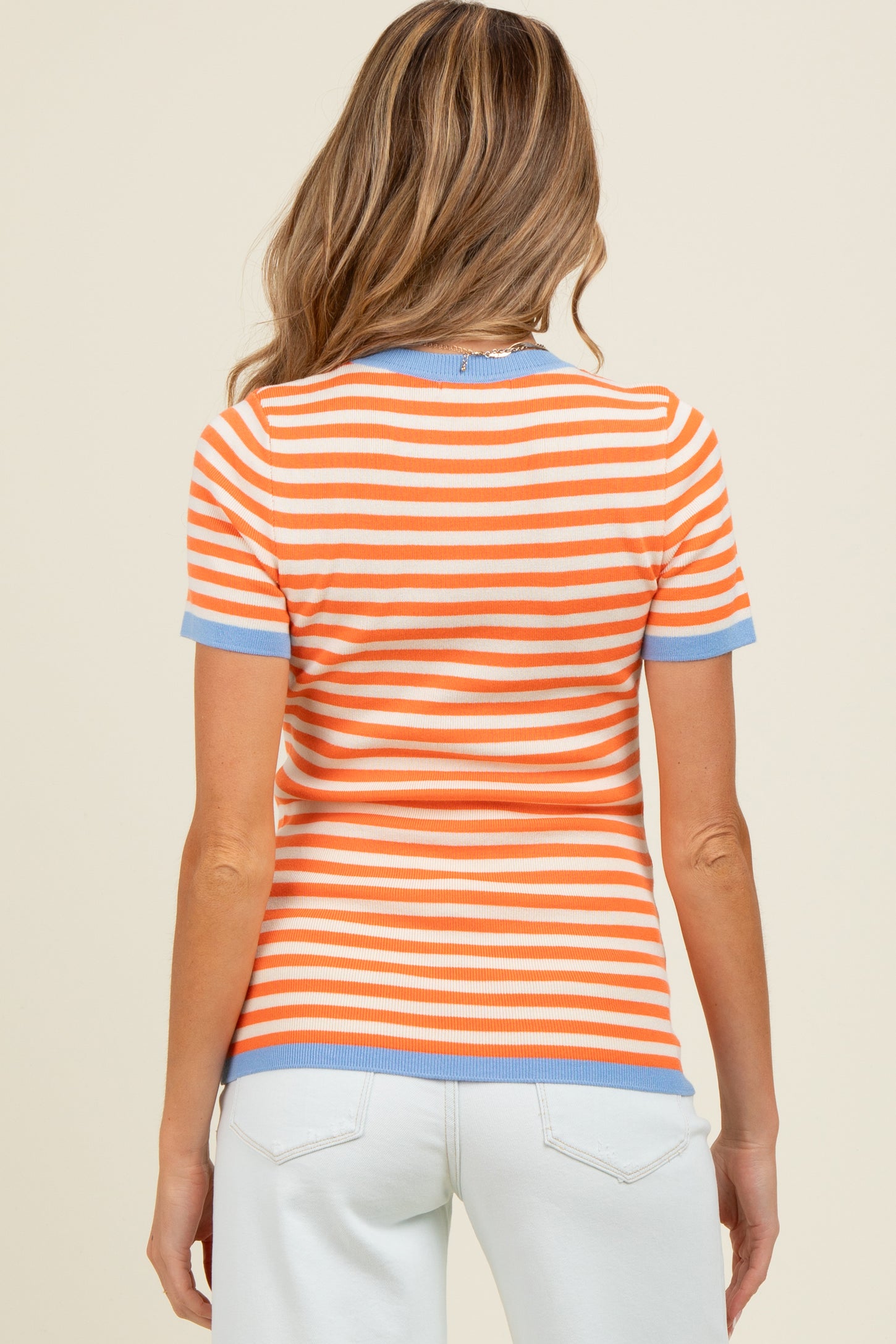 Orange Striped Knit Contrast Trim Maternity Top