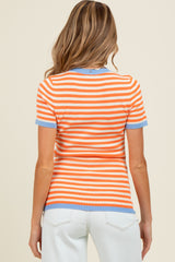 Orange Striped Knit Contrast Trim Maternity Top