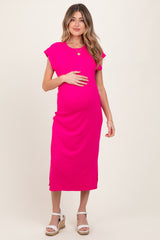 Fuchsia Basic Dolman Sleeve Maternity Midi Dress