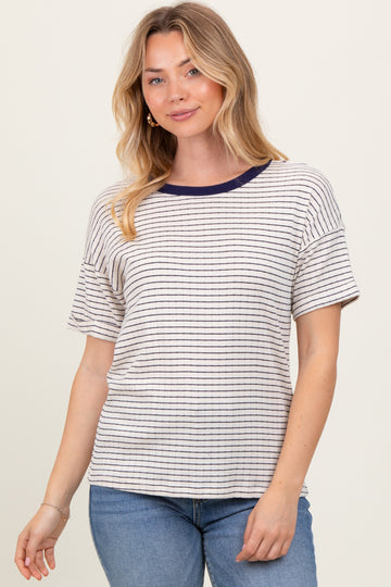 Navy Pointelle Knit Striped Top