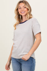 Navy Pointelle Knit Striped Top