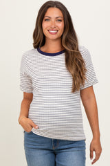 Navy Pointelle Knit Striped Maternity Top