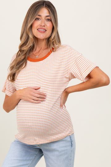Orange Pointelle Knit Striped Maternity Top