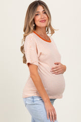 Orange Pointelle Knit Striped Maternity Top