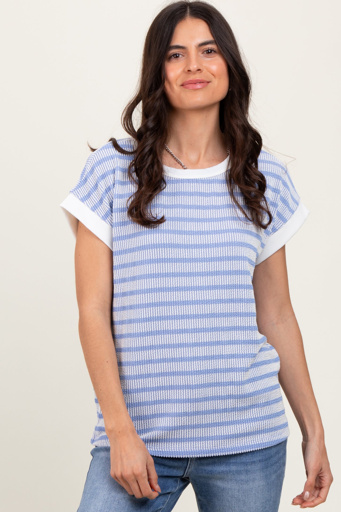 Blue Textured Striped Short Sleeve Top