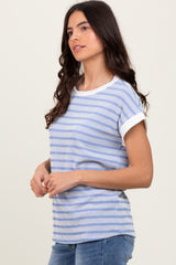 Blue Textured Striped Short Sleeve Top