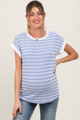 Blue Textured Striped Maternity Short Sleeve Top