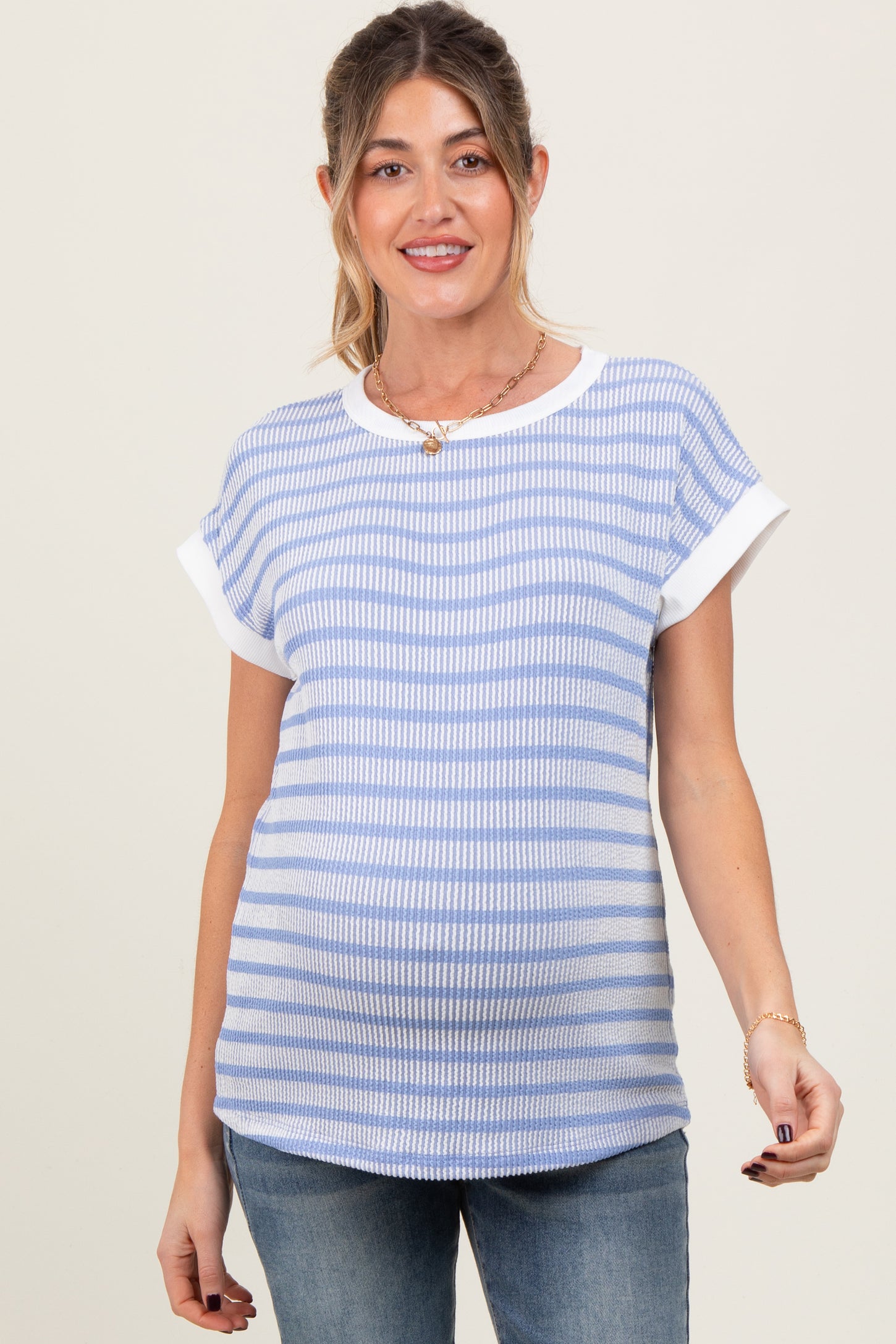 Blue Textured Striped Maternity Short Sleeve Top