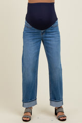 Navy Rolled Cuffed Barrel Leg Maternity Jeans