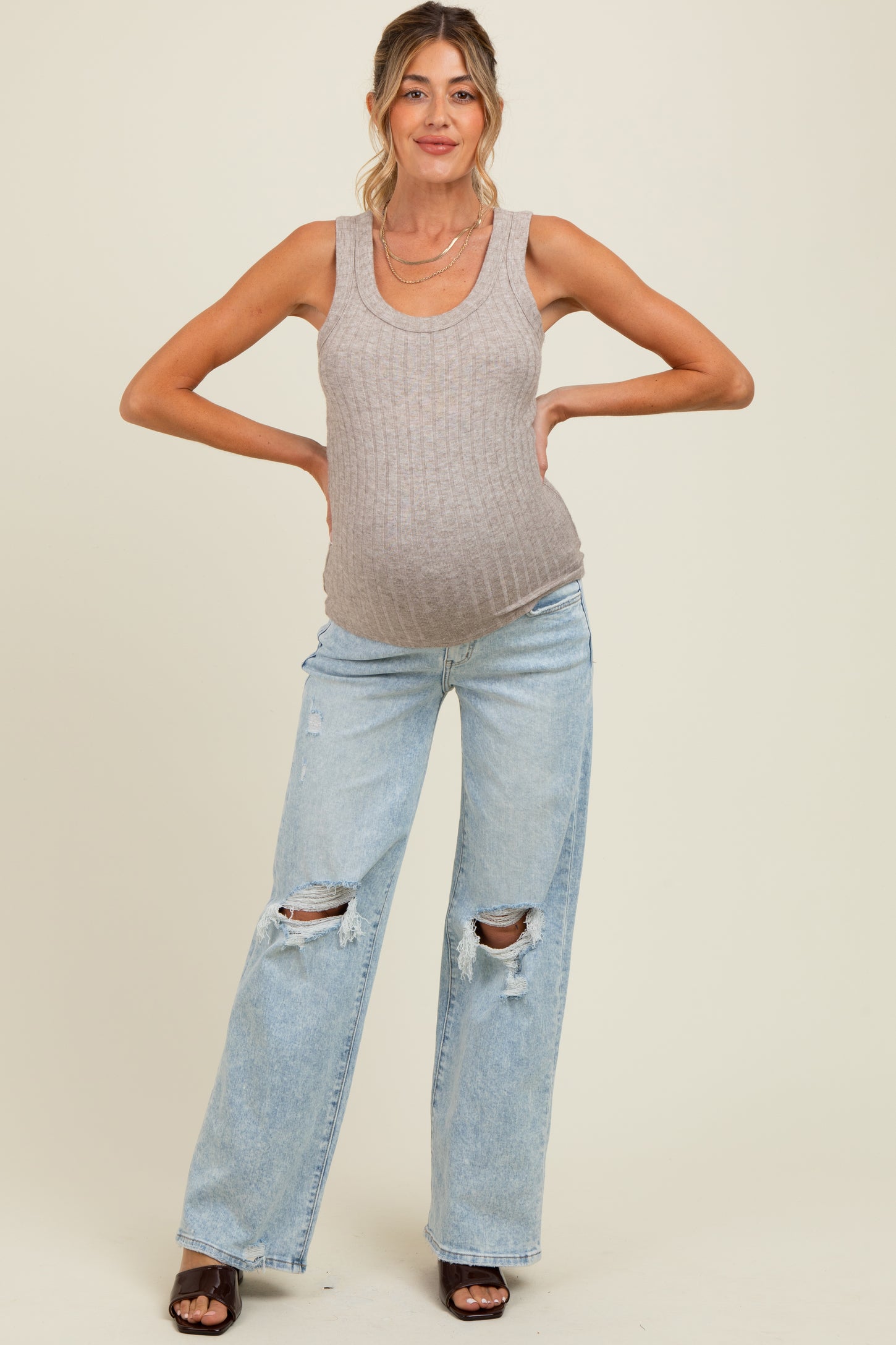 Light Blue Distressed Open Knee Wide Leg Maternity Jeans
