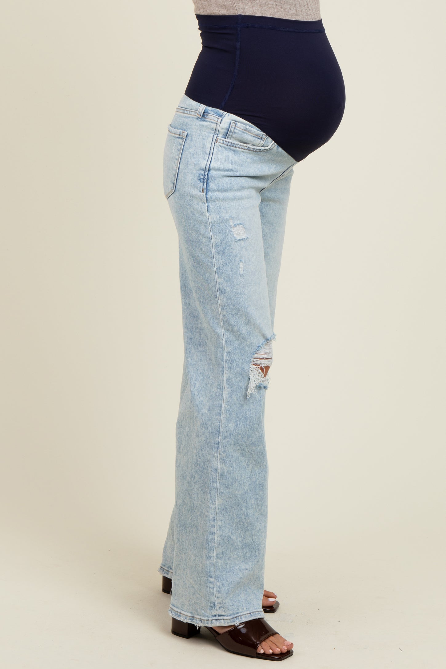 Light Blue Distressed Open Knee Wide Leg Maternity Jeans