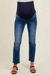Navy Raw Hem Cropped Slim Straight Leg Maternity Jeans