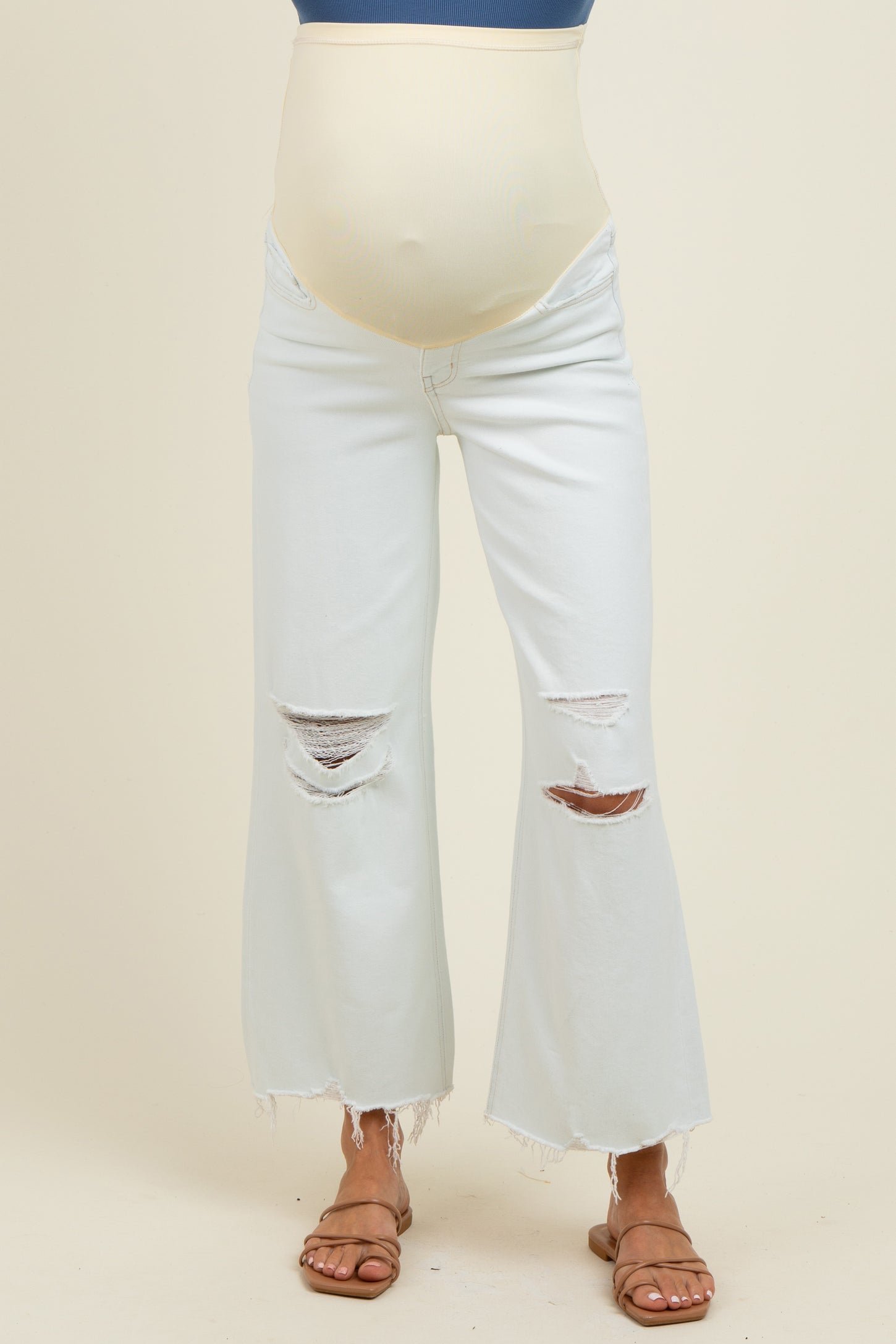 Light Blue Distressed Open Knee Cropped Wide Leg Maternity Jeans
