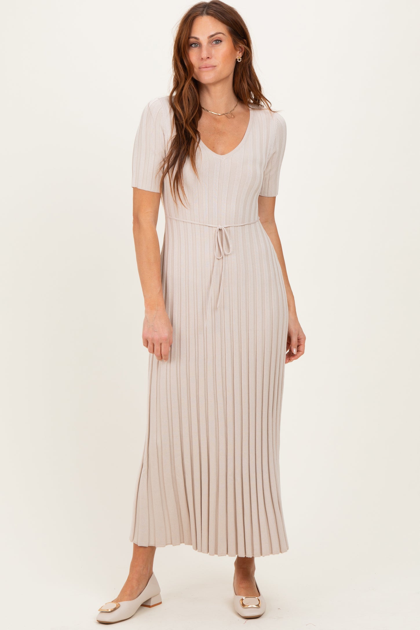 Taupe Ribbed Short Sleeve Knit Maxi Dress