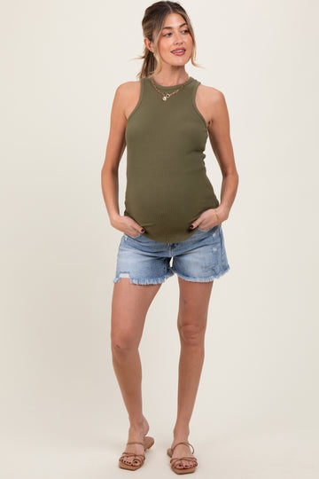 Light Blue Distressed Fringe Hem Maternity Shorts