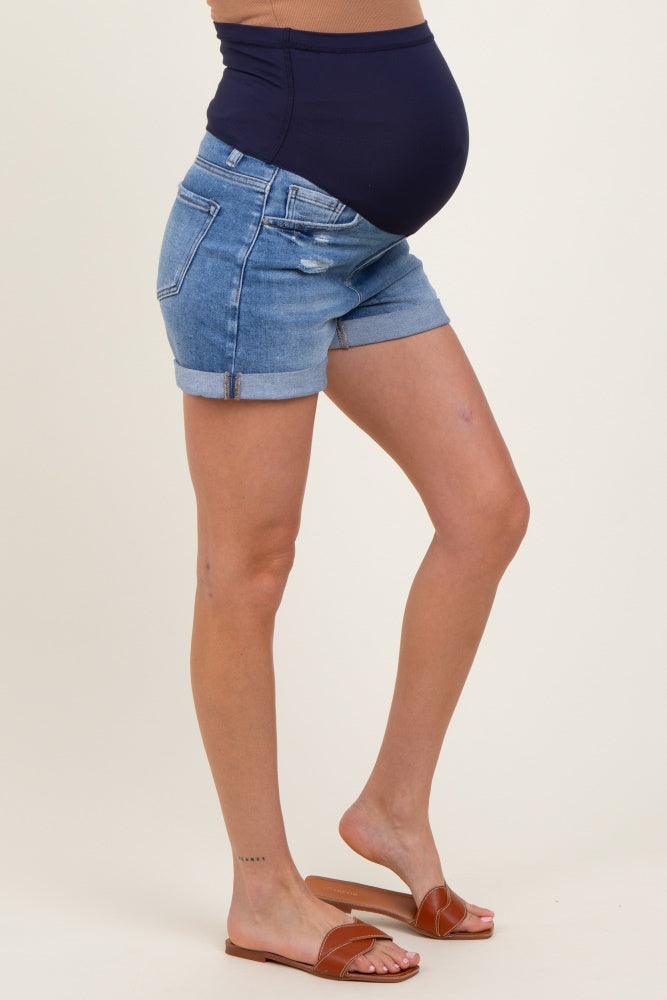 Navy Distressed Rolled Cuff Maternity Jean Shorts