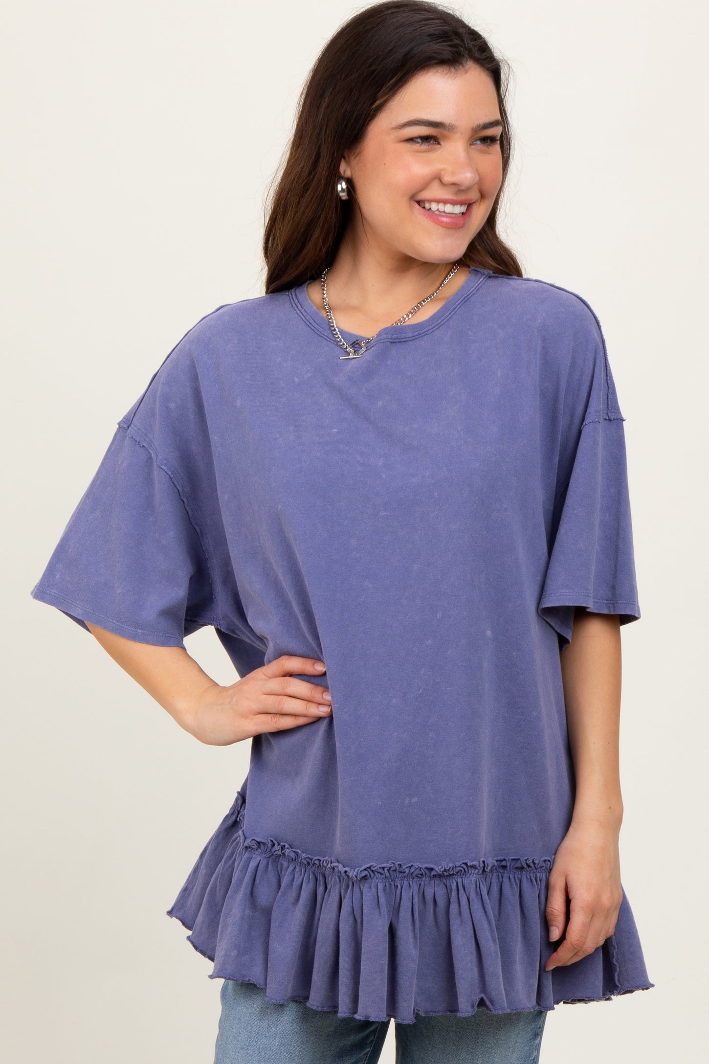 Navy Relaxed Ruffled Tunic Top