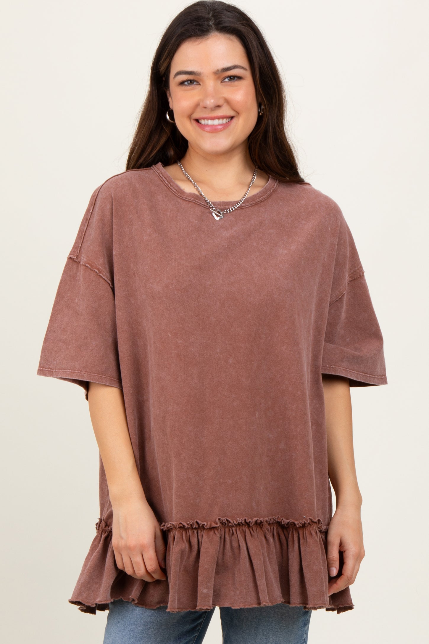 Rust Relaxed Ruffled Tunic Top