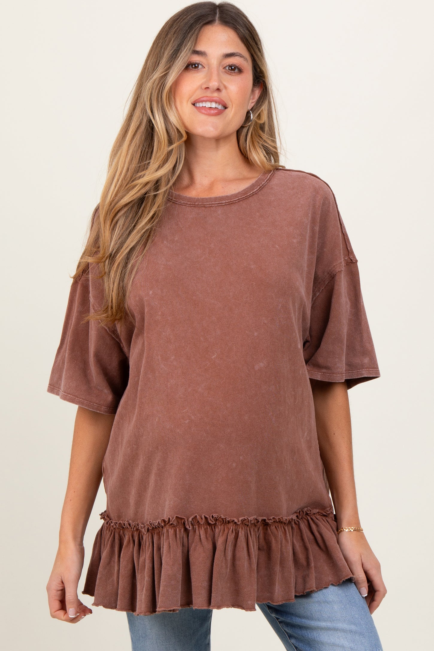 Rust Relaxed Ruffled Tunic Maternity Top