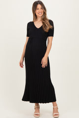 Black Ribbed Short Sleeve Maternity Knit Maxi Dress