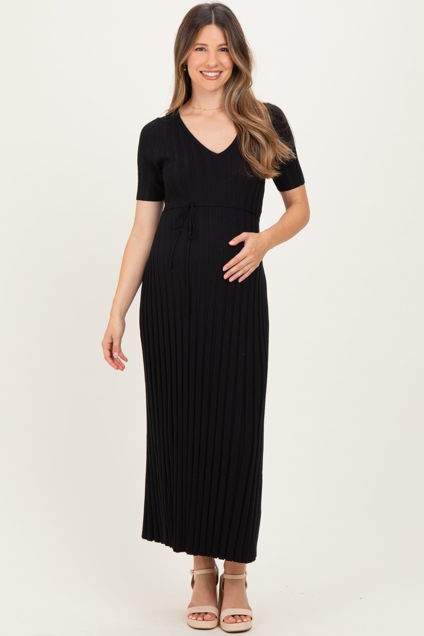Black Ribbed Short Sleeve Maternity Knit Maxi Dress
