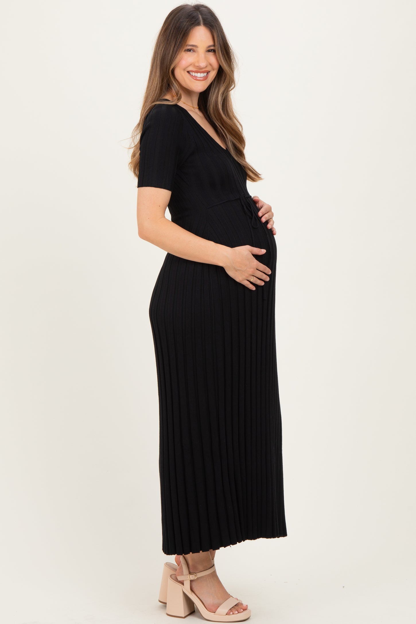 Black Ribbed Short Sleeve Maternity Knit Maxi Dress