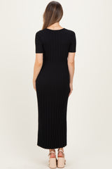 Black Ribbed Short Sleeve Maternity Knit Maxi Dress