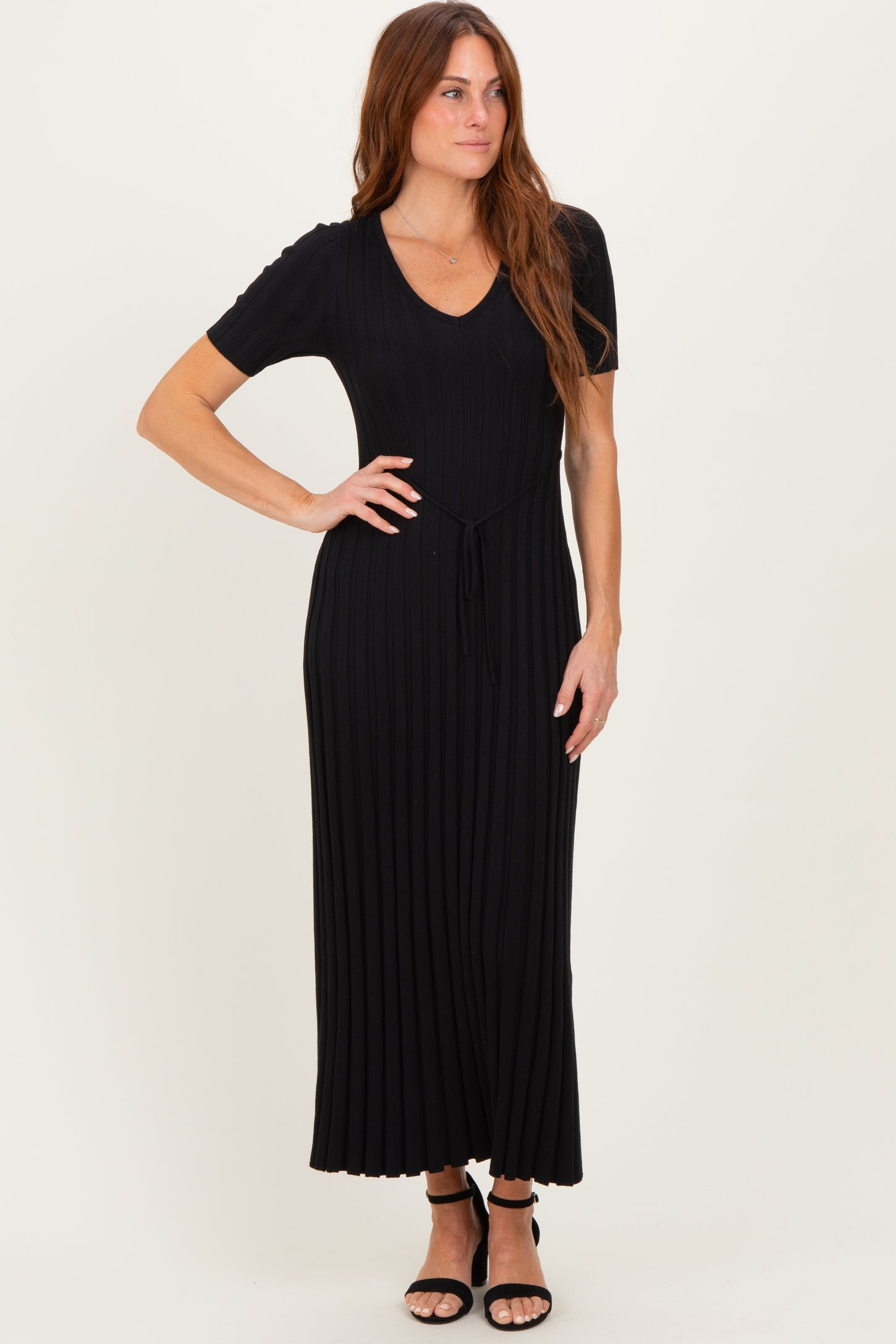 Black Ribbed Short Sleeve Maternity Knit Maxi Dress