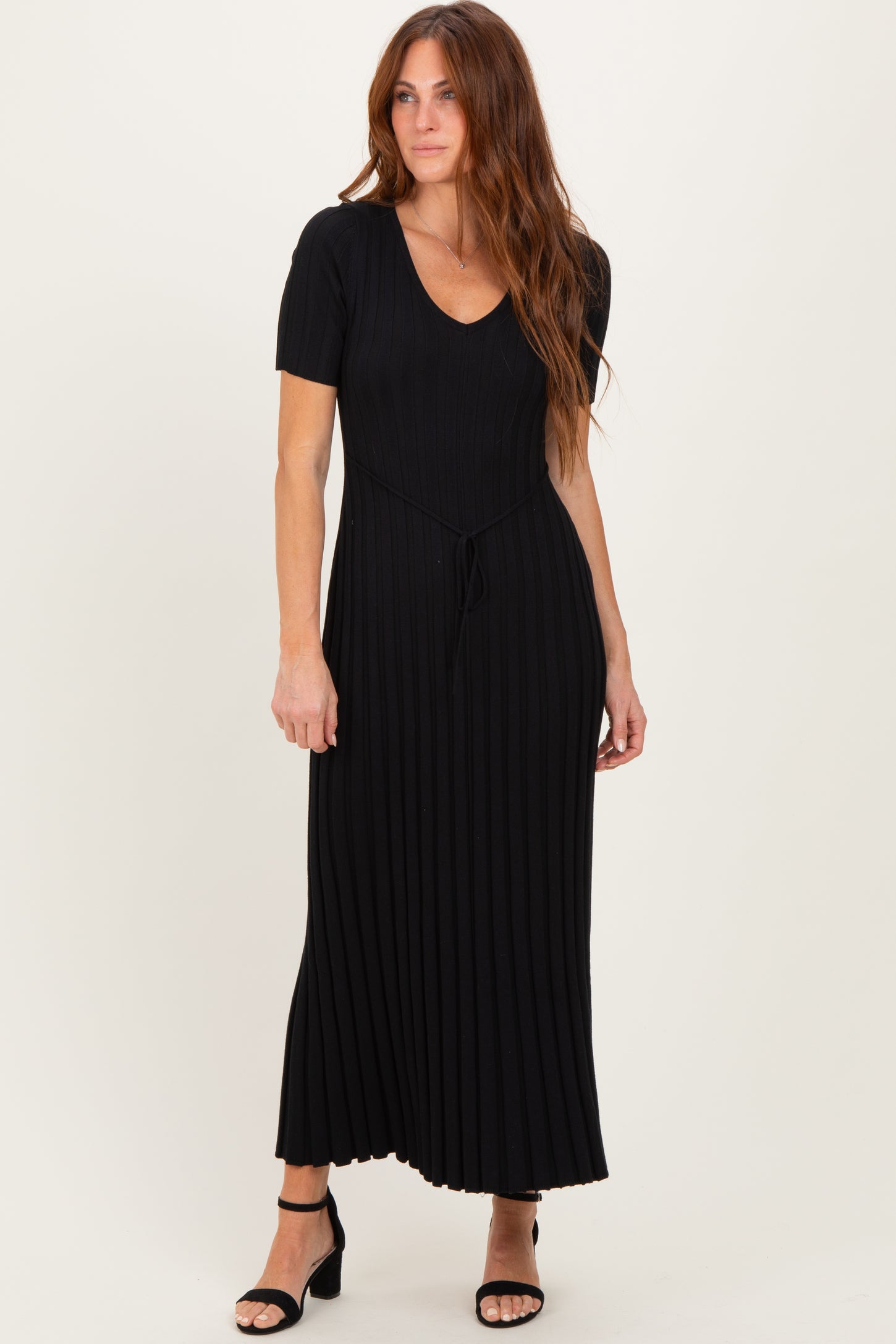Black Ribbed Short Sleeve Knit Maxi Dress