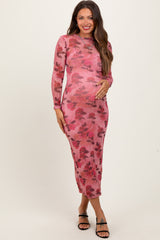 Pink Mesh Floral Fitted Maternity Dress
