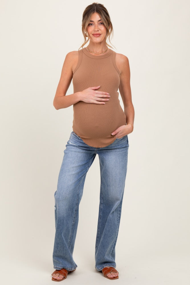 Blue Distressed Vintage Wash Wide Leg Maternity Jeans