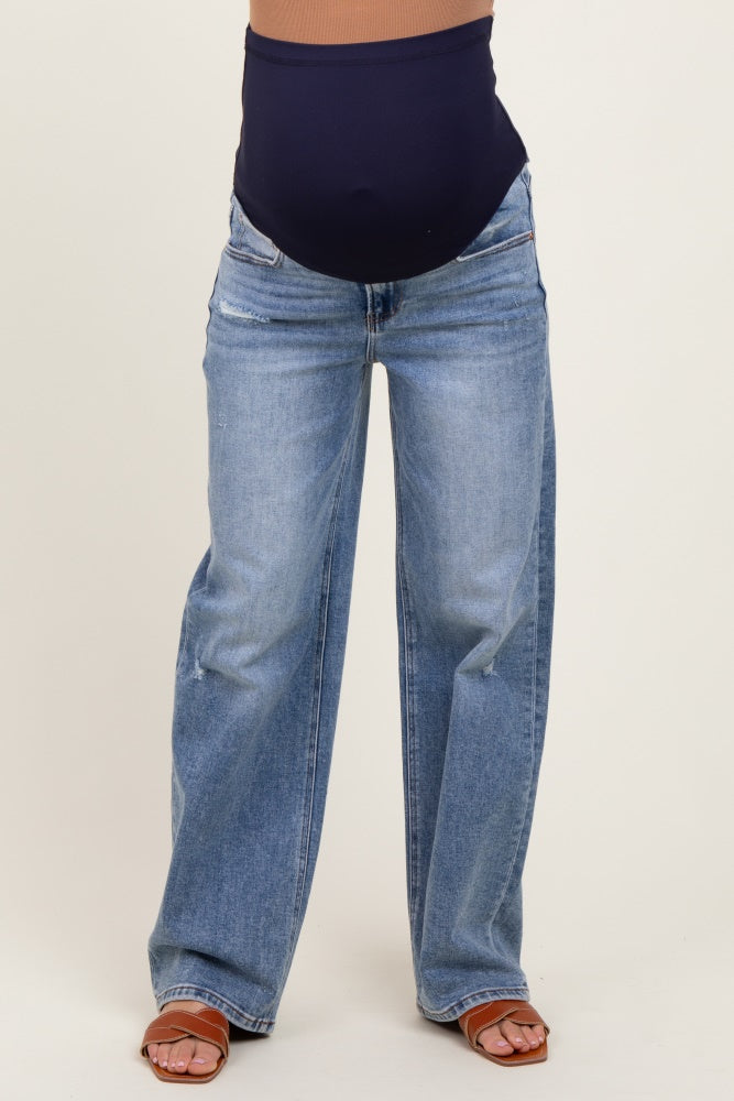Blue Distressed Vintage Wash Wide Leg Maternity Jeans