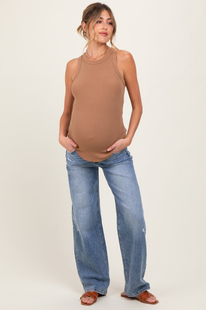 Blue Distressed Vintage Wash Wide Leg Maternity Jeans