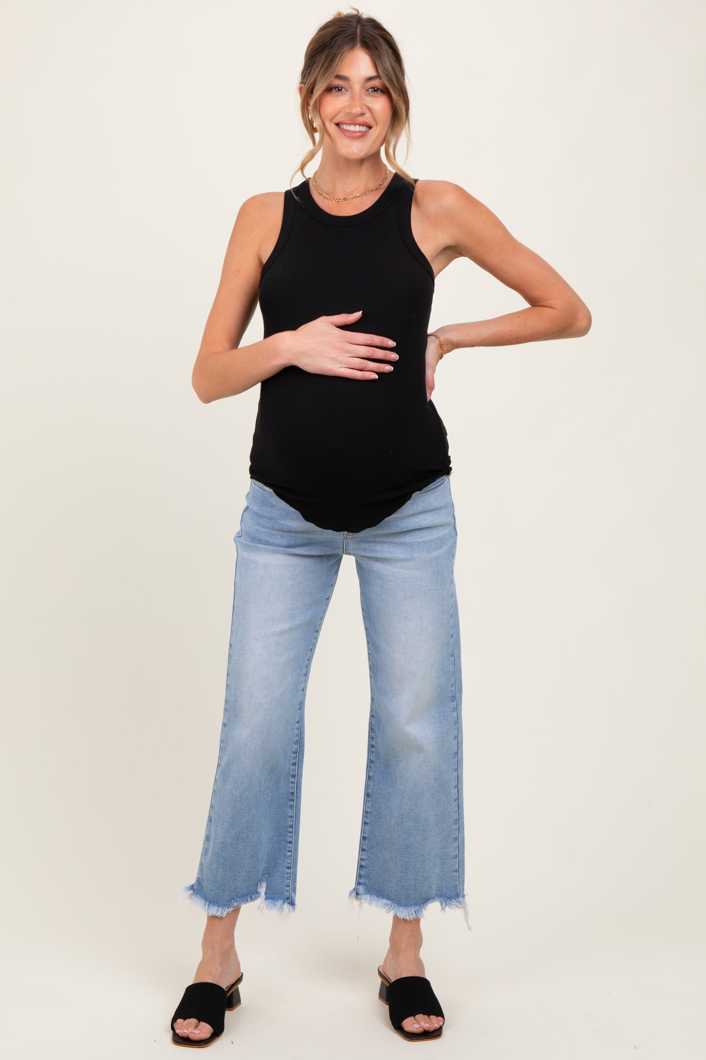 Light Blue Fringe Hem Cropped Straight Leg Maternity Jeans