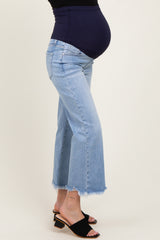 Light Blue Fringe Hem Cropped Straight Leg Maternity Jeans